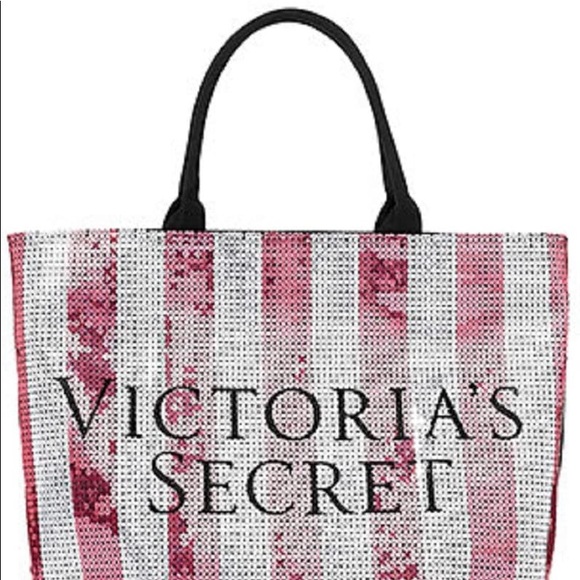 Victoria’s Secret Logo Sequin Stripe Weekender Duffle Travel Bag Pink Bling - Picture 3 of 16